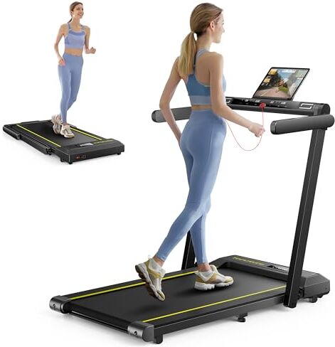 Toputure Tapis Roulant Elettrico Pieghevole, 16 km/h Home Treadmill, 2 in 1 Tapis Roulant Sotto Scrivania, Doppio Display LED, 12 Programmi, Frequenza Cardiaca, APP e Telecomando, Garanzia e Assistenza