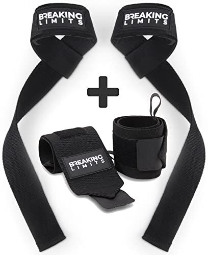 BREAKING LIMITS Set Polsiere Polsini Palestra e Straps Sollevamento Pesi Supporto per Il Polso Allenamento Pesi Bodybuilding Accessori Fitness per Uomini e Donne (Nero)