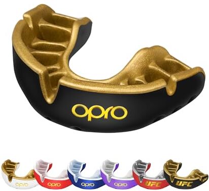 Opro Nuovo paradenti sportivo Gold per adulti e ragazzi dotato di tecnologia di adattamento rivoluzionaria per boxe, lacrosse, MMA, arti marziali, hockey e tutti gli sport di contatto (Nero, Bambino)