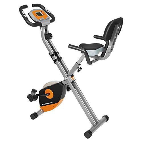 SONGMICS Cyclette da Appartamento Ciclismo Indoor, Fitness ed Esercizio a Casa, Pieghevole con Schienale 8 resistenze, sensore, Carico 100 kg, Arancione e Grigio SEB012O01