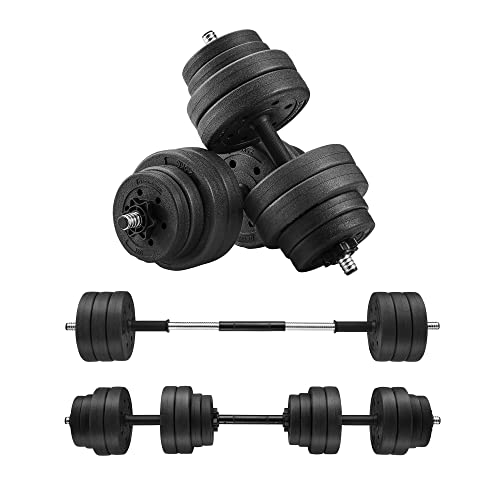 SONGMICS Set di Manubri 2 in 1, 2 Manubri Regolabili 2 x 15 kg, con Barra Bilanciere Extra in Acciaio, Rivestimento di Plastica, Allenamento Esercizio Fitness, Palestra a Casa, Nero