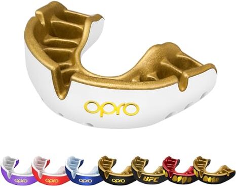 Opro Nuovo paradenti sportivo Gold per adulti e ragazzi dotato di tecnologia di adattamento rivoluzionaria per boxe, lacrosse, MMA, arti marziali, hockey e tutti gli sport di contatto (Bianco, Adulto)