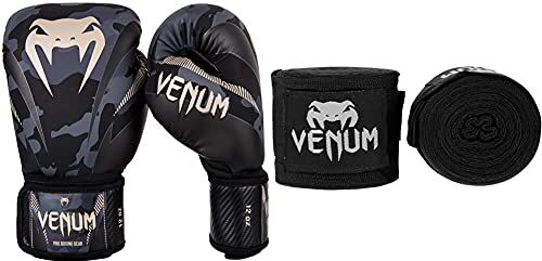 VENUM Impact, Guanti da Boxe Uomo, Camuffamento/Sabbia, 12oz & Kontact, Bendaggi da Boxe Unisex, Nero, 2.5m