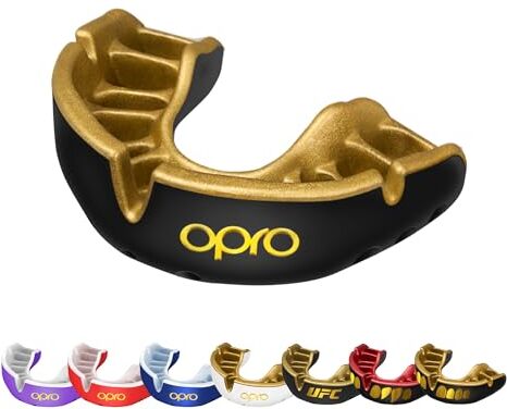 Opro Nuovo paradenti sportivo Gold per adulti e ragazzi dotato di tecnologia di adattamento rivoluzionaria per boxe, lacrosse, MMA, arti marziali, hockey e tutti gli sport di contatto (Nero, Adulto)