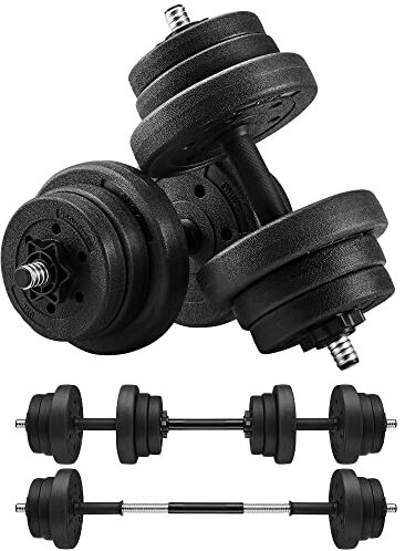 SONGMICS Set di Manubri 2 in 1, 2 Manubri Regolabili 2 x 10 kg, con Barra Bilanciere Extra in Acciaio, Rivestimento di Plastica, Allenamento Esercizio Fitness, Palestra a Casa, Nero