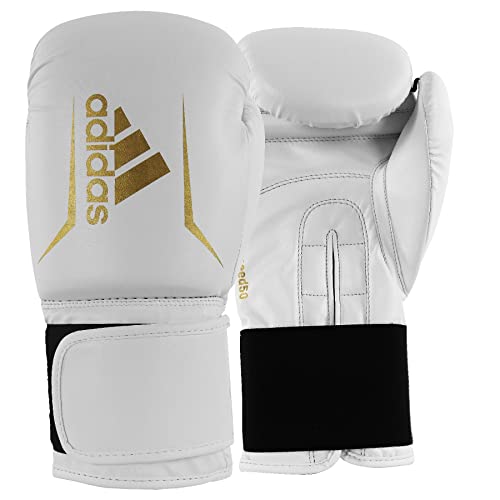 Adidas Guantoni da boxe Speed 50 per uomo, donna, bambino, per allenamento, palestra, 113,4 g, 170,1 g, 226,8 g, 283,5 g, 340,2 g, 396 g, 453,6 g, colore: bianco/oro