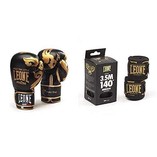 Leone Muay Thai Guantoni, Nero, 10 Oz & AB705, Bendaggi Legionarivs Unisex – Adulto, Nero/Oro, 3.5