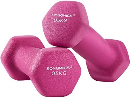 SONGMICS Set di 2 Manubri di 0,5 kg, 2 x 0,5 kg, Rivestimento di Vinile Antiscivolo, con Finitura Opaca, per Palestro a Casa, Fitness Addestramento Esercizio, Rosa