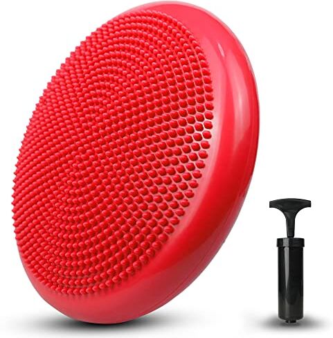 unycos Cuscino Propriocettivo Gonfiabile per l'Equilibrio Ø34 cm con Pompa, Disco Ortopedico per Riabilitazione, Allenamento del Tronco, Schiena, Fitness, Resistente (Rosso, Basic)