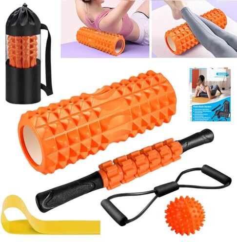 Qveetry Rullo Massaggio Muscolare,  6 in 1 Foam Roller Rullo in Schiuma Pallina Massaggiante Bastone Massaggio bande di resistenza per Stretching Yoga Pilates Rilascio Miofasciale (Arancione)