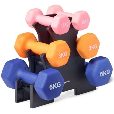 Basics Neoprene Dumbbell Weights Set with Stand, 1.5, 3, 5 kg Pairs Basics Neoprene Dumbbell Weights Set with Stand, 1.5, 3, 5 kg Pairs