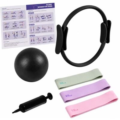 Relaxdays Pilates Set, 6 pz, col. Anello, palla + pompa, 3 bande, kit Pilates casa, esercizi inclusi Relaxdays Pilates Set, 6 pz, col. Anello, palla + pompa, 3 bande, kit Pilates casa, esercizi inclusi