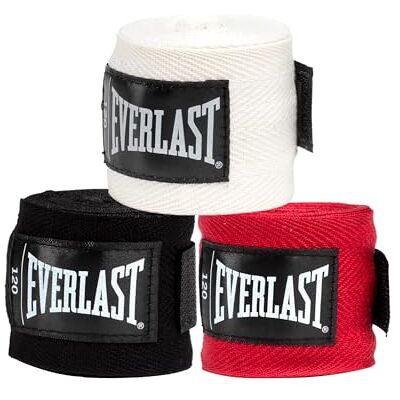Everlast Fasce da Boxe Core (Confezione da 3 Nero/Bianco/Rosso) 305 cm per guantoni, Sparring, MMA e Kickboxing, Chiusura a Strappo, Cotone Elasticizzato – Originale Everlast Fasce da Boxe Core (Confezione da 3 Nero/Bianco/Rosso) 305 cm per guantoni, Sparring, MMA e Kickboxing, Chiusura a Strappo, Cotone Elasticizzato – Originale