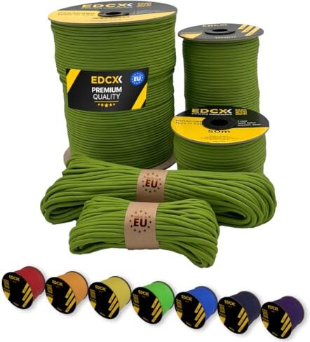 EdcX Paracord 4mm, 35+ colori solidi (15m, 30m, 50m, 100m, 300m)   Ideale per campeggio, sopravvivenza, attività all'aperto   Corda 100% nylon 4 mm  Corda Tattica 550 Tipo III (Green Golf, 50 m)