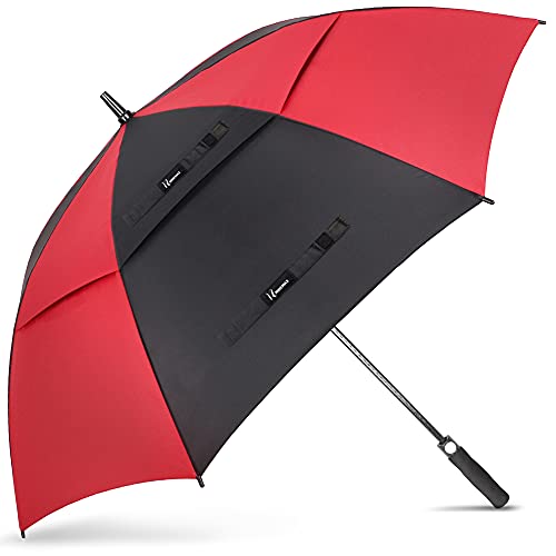 NINEMAX Ombrello Pioggia Grande Automatico Ombrello da Golf Antivento 157cm Ombrello Resistente con Doppia Copertura Ventilata(Nero/Rosso)