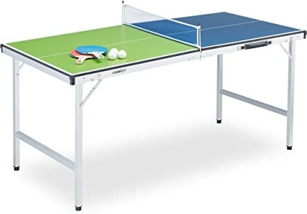 Relaxdays Tavolo da Ping Pong Pieghevole, per Interni, Rete, 3 Palline, 2 Racchette Incluse, HLP:70x70x150 cm, Blu/Verde, Legno ingegnerizzato Lega di Acciaio