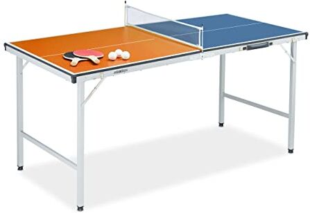 Relaxdays Tavolo da Ping Pong Pieghevole, per Interni, Rete, 3 Palline, 2 Racchette, HLP: 70x70x150 cm, Blu/Arancione, in Legno Acciaio Legato