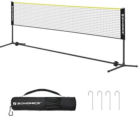 SONGMICS Rete da Badminton Tennis Pallavolo 4 m, con Pali ad Altezza Regolabile, Rete Portatile per Volano Beach Volley, Pickleball, Giardino Parco Esterno, Nero e Giallo SYQ400B02