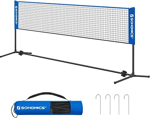 SONGMICS Rete da Badminton Tennis Pallavolo 4 m, con Pali ad Altezza Regolabile, Rete Portatile per Volano Beach Volley, Pickleball, Giardino Parco Esterno, Blu