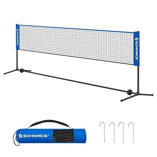 SONGMICS Rete da Badminton Tennis Pallavolo 5 m, con Pali ad Altezza Regolabile, Rete Portatile per Volano Beach Volley, Pickleball, Giardino Parco Esterno, Blu SYQ500V2