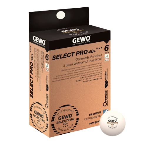 GEWO Select PRO Palline da ping pong con 3 stelle in plastica 40+ con cucitura, certificate ITTF, 6 palline da ping pong professionali di alta qualità, diametro 40 mm, colore bianco