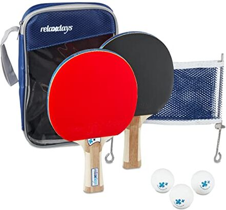 Relaxdays Set da Ping Pong, Gioco con 2 Racchette, Rete e 3 Palline, con Custodia, 2 Stelle, Blu