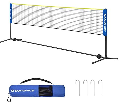 SONGMICS Rete da Badminton Tennis Pallavolo 4 m, con Pali ad Altezza Regolabile, Rete Portatile per Volano Beach Volley, Pickleball, Giardino Parco Esterno, Blu e Giallo SYQ400Q02