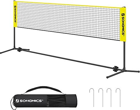 SONGMICS Rete da Badminton Tennis Pallavolo 4 m, con Pali ad Altezza Regolabile, Rete Portatile per Volano Beach Volley, Pickleball, Giardino Parco Esterno, Giallo SYQ400Y