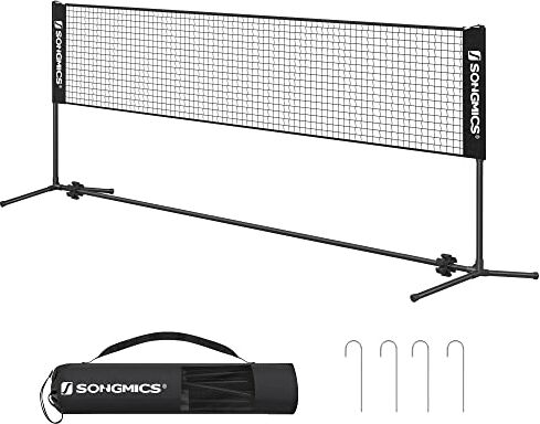 SONGMICS Rete da Badminton Tennis Pallavolo 4 m, con Pali ad Altezza Regolabile, Rete Portatile per Volano Beach Volley, Pickleball, Giardino Parco Esterno, Nero