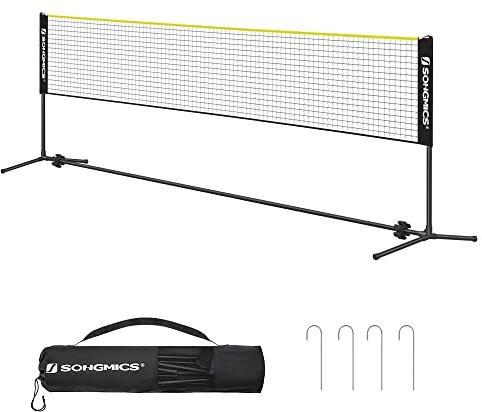 SONGMICS Rete da Badminton Tennis Pallavolo 5 m, con Pali ad Altezza Regolabile, Rete Portatile per Volano Beach Volley, Pickleball, Giardino Parco Esterno, Nero e Giallo SYQ500B02