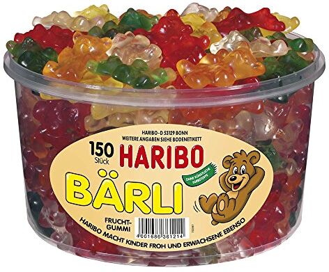 HARIBO Bärli 3 x 150 pezzi in scatola rotonda, 1200g ciascuno