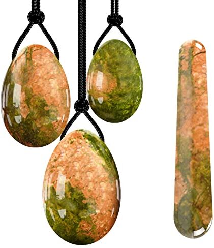 MiZuh Set di uova Yoni   Set di uova e bacchette Yoni Massaggiatore per esercizi Kegel Uova d'amore in giada naturale Bastoncino e palline per massaggio, Unakite forato