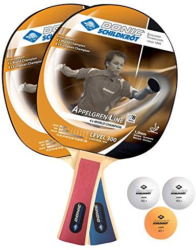 Schildkröt Donic- Set da Ping Pong Appelgren 300, 2 Racchette, Spugna da 1 mm, 3 Palline, in un blister,