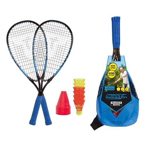 Talbot Torro , Set da Badminton, 2 Racchette in Alluminio da 58.5 cm, 6 Volani Veloci e Resistenti al Vento, Incluse 8 Picchetti Unisex Adulto