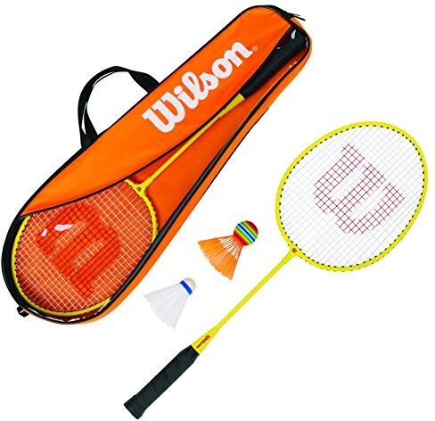 Wilson Junior Kit, Set Badminton, 2 Racchette Incluse, 2 Volani in, Plastica e Una Borsa di Trasporto,  Unisex, Arancio/Giallo