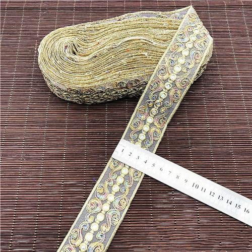 YIPCFXDJ 4,5 cm di larghezza etnica vento maglia ricamo paillettes pizzo fatto a mano fai da te indumento colletto polsino tessuto decorativo-oro-1 metri