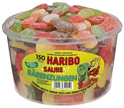 HARIBO Lingue d'orso acide , 3 lattine rotonde da 150 pezzi 1350 g ciascuna