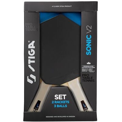 STIGA Sonic V2 Set da Ping-Pong – 2 racchette Cybershape e 3 palline – Gomma approvata da ITTF – Perfetto per principianti, famiglie e per chi gioca per hobby STIGA Sonic V2 Set da Ping-Pong – 2 racchette Cybershape e 3 palline – Gomma approvata da ITTF – Perfetto per principianti, famiglie e per chi gioca per hobby