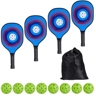 Relaxdays Set Pickleball, 4 Racchette e 8 Palline, Gioco USA, Sport Adulti, Racchettoni con Borsa, Legno, Multicolore Relaxdays Set Pickleball, 4 Racchette e 8 Palline, Gioco USA, Sport Adulti, Racchettoni con Borsa, Legno, Multicolore