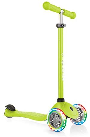 Globber Primo Lights Monopattino Illuminato a 3 Ruote per Bambini dai 3 ai 7 Anni +, Verde Lime, L56XW28xH77.5 cm