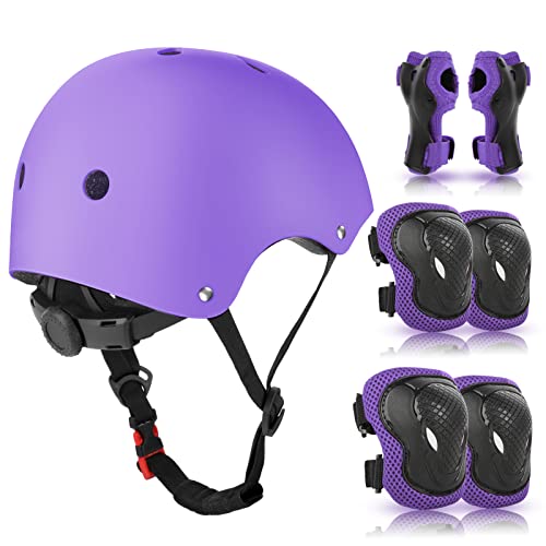 WayEee Set di protezioni per bambini 3-10 anni, ginocchiere e casco, attrezzature di protezione per skateboard, ciclismo, pattini a rotelle, pattini in linea (viola)