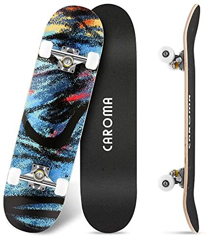 Caroma Skateboard per Principianti, 79cm Completo Skate Boards, 9 Strati Acero Deck Double Kick Standard Cruiser Skateboards, Longboard per Ragazza Ragazzo Adolescenti Adulto Bambino