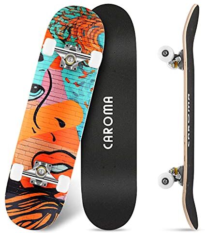 Caroma Skateboard per Principianti, 79cm Completo Skate Boards, 9 Strati Acero Deck Double Kick Standard Cruiser Skateboards, Longboard per Ragazza Ragazzo Adolescenti Adulto Bambino,