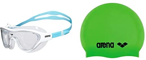 Arena The One Mask Junior Occhialini Nuoto Anti-Appannamento per Bambini, Maschera Piscina con Grandi Lenti, Protezione UV & Classic Silicone Jr, Cuffia per Bimbi Unisex Bambini, Verde