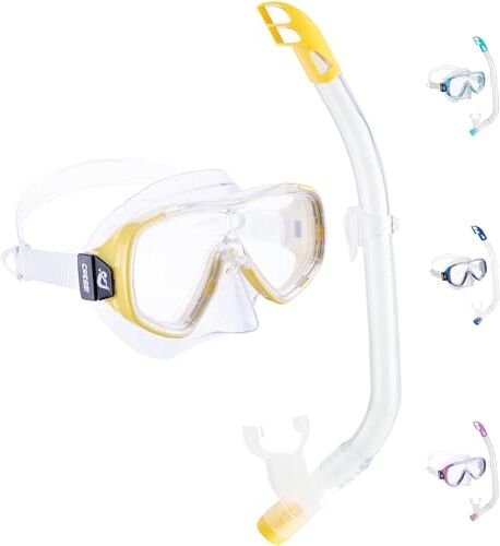 Cressi Junior Set Ondina Maschera Snorkeling Bambini 7-13 Anni + Boccaglio Frontale Nuoto Piscina Antiappannante Antigraffio Maschera Subacquea Bambino Bambina Regolabile Maschera Sub Anti UV Giallo