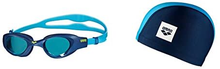 Arena The One Junior Occhialini Nuoto Anti-Appannamento per Bambini, Occhialini Piscina con Ampie Lenti, Protezione UV & Unix II Jr, Cuffia per Bimbi Unisex Junior, Multicolore (Navy-Blue-LightBlue)