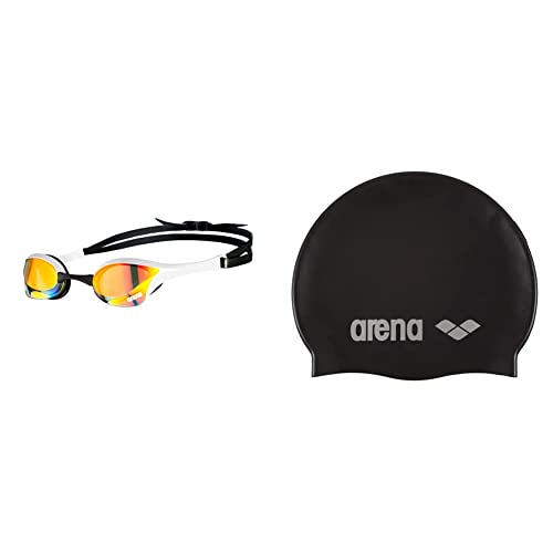 Arena Occhialini Cobra Ultra Swipe Mirror da nuoto, unisex, per bambini, rame giallo, misura unica & Classic Silicone, Cuffia Unisex Adulto, Nero (Black-Silver), Taglia Unica