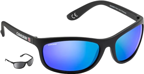 Cressi Rocker Floating Sunglasses, Occhiali Da Sole Galleggianti Con Custodia Uomo, Nero/Lenti Specchiate Blu, Taglia unica