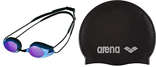 Arena Tracks Mirror, Occhialini da Gara Unisex-Adulto, Multicolore (Black-Blue Multi-Black), Taglia Unica & Classic Silicone, Cuffia Unisex Adulto, Nero (Black-Silver), Taglia Unica