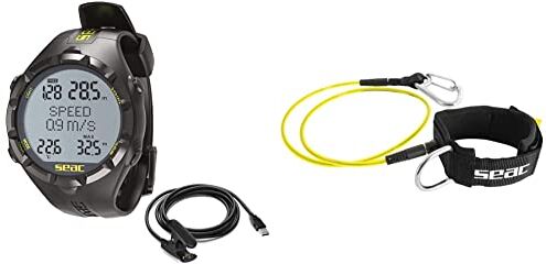 SEAC Apnea, Computer da Freediving, Unisex-Adult, HR Nero/Giallo,con USB Standard + Lanyard, Cavo di Sicurezza da apnea, con moschettone e Allacciatura al Polso Unisex Adulto, Nero